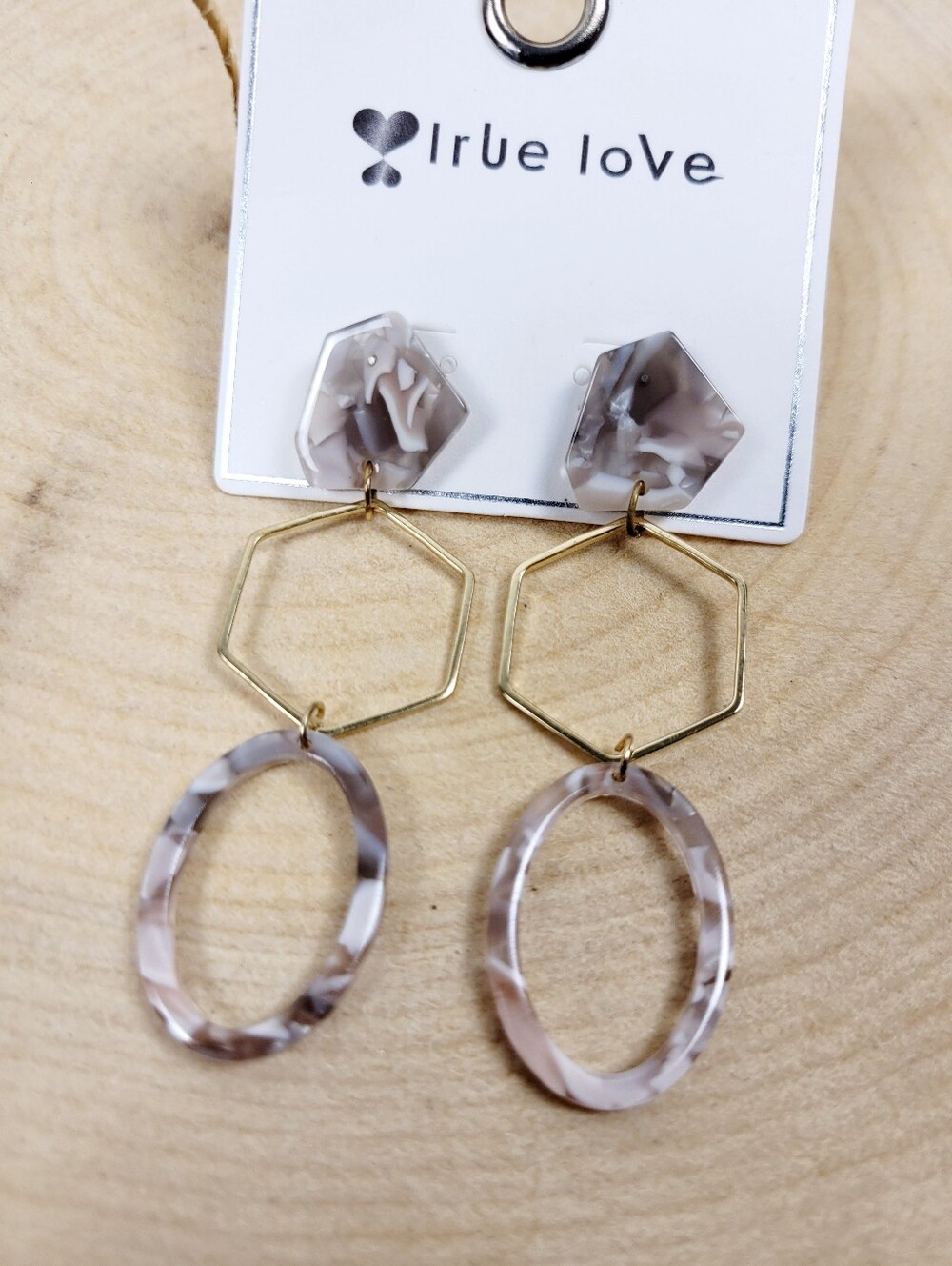 Brand New Gold Tone Grey Marble Style Dangle Earrings